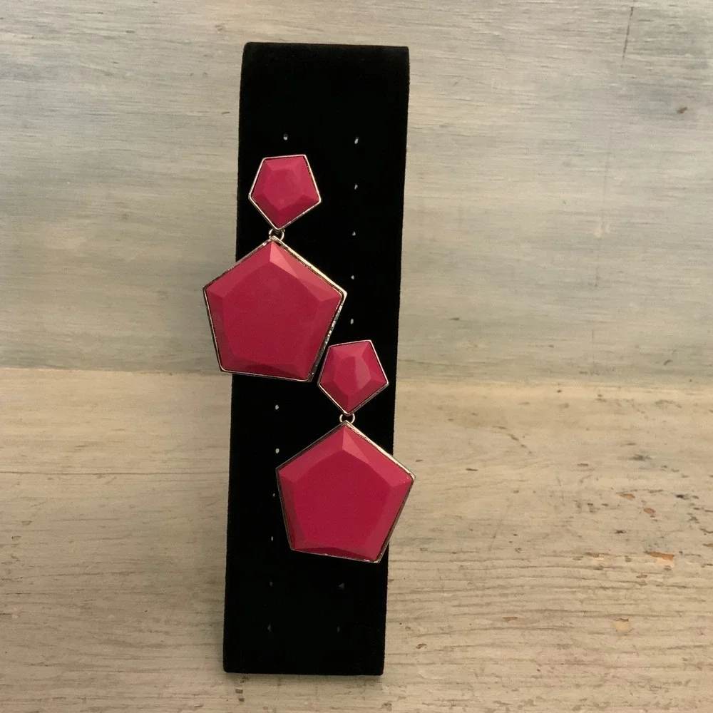Geometric Oversized Fuchsia Silver Tone Faceted Dangling Earrings 3